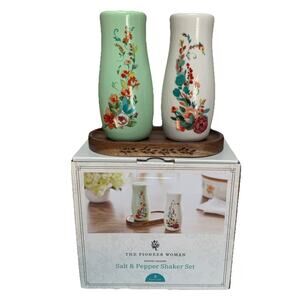 Pioneer Woman Painted Meadow Salt Pepper Shakers Wood Tray Kitchen Set Floral